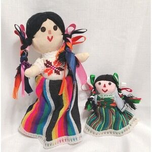 Handmade Set Mexican Maria Rag Dolls Traditional Colorful Dress 9.5" & 4.5"